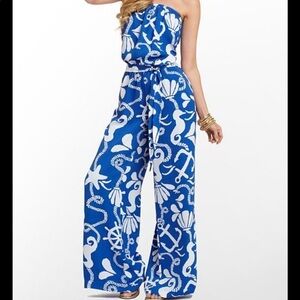 LILLY PULITZER Size S blue schooner dock hopper  Farah strapless jumpsuit